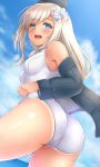  1girl ass blonde_hair blue_eyes blue_sky breasts clouds cropped_jacket day garrison_cap hair_ribbon hat kantai_collection long_hair looking_at_viewer ocean piyobomu ribbon ro-500_(kantai_collection) school_swimsuit sky small_breasts solo swimsuit tan water white_ribbon white_school_swimsuit white_swimsuit 