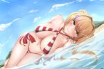  1girl absurdres beach bikini blonde_hair breasts commentary day fate/grand_order fate_(series) green_eyes highres huge_filesize jay87k large_breasts looking_at_viewer louds lying nero_claudius_(swimsuit_caster)_(fate) on_side saber_extra side-tie_bikini sky smile swimsuit 
