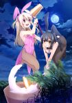  2girls absurdres animal_ears artist_request bare_shoulders black_hair blush breasts bunny_tail bunnysuit covered_navel detached_collar fake_animal_ears fate/kaleid_liner_prisma_illya fate_(series) fishnet_pantyhose fishnets food full_moon hair_ornament highres illyasviel_von_einzbern leotard long_hair looking_at_viewer mallet miyu_edelfelt mochi mochitsuki moon multiple_girls night official_art open_mouth outdoors pantyhose rabbit_ears red_eyes small_breasts smile strapless strapless_leotard tail teeth wagashi wrist_cuffs yellow_eyes 