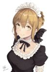  1girl 2017 arm_at_side arm_behind_back artoria_pendragon_(all) black_bow black_dress black_ribbon blonde_hair blush bow braid breasts choker closed_mouth collarbone dated dress fate/stay_night fate_(series) french_braid frilled_choker frilled_dress frilled_sleeves frills hair_between_eyes hair_bow hair_bun hair_intakes hair_ornament kuroishi_(pixiv17837171) looking_at_viewer maid maid_headdress medium_breasts neck_ribbon puffy_short_sleeves puffy_sleeves ribbon saber_alter short_hair short_sleeves sidelocks signature simple_background small_breasts smile solo upper_body white_background white_choker yellow_eyes 
