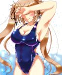  1girl black_ribbon breasts cleavage competition_swimsuit covering_face hair_ribbon highres kantai_collection light_brown_hair long_hair murasame_(kantai_collection) nail nail_polish one-piece_swimsuit ribbon shigatsu_(soratobuusagi) smile solo swimsuit twintails 