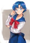  1girl adjusting_glasses bishoujo_senshi_sailor_moon blue_eyes blue_hair blue_skirt blush bow bowtie collarbone commentary_request cowboy_shot ear_piercing glasses juuban_middle_school_uniform long_sleeves looking_at_viewer mizuno_ami piercing red_bow red_bowtie rimless_glasses school_uniform serafuku shiba_nanasei short_hair skirt smile solo 