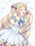  1girl blonde_hair closed_eyes dress elise_(fire_emblem_if) fire_emblem fire_emblem_if food fruit hair_ribbon hairband hiyori_(rindou66) long_hair open_mouth ribbon solo strawberry twintails 