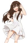  1girl :d alternate_hairstyle brown_eyes brown_hair cowboy_shot dress hand_in_hair minami-ke minami_kana mo-fu open_mouth sleeveless smile solo white_background white_dress 