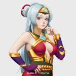 1girl artist_name bare_shoulders blue_eyes breasts breasts_apart carlo_montie center_opening fingerless_gloves gem gloves grey_background hair_ornament hair_stick headband jewelry lian_(paladins) lipstick long_hair makeup medium_breasts nail_polish no_bra paladins ring solo upper_body white_hair