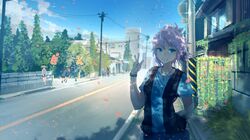  1girl anonamos arm_behind_back bangs blue_eyes blue_shirt blue_shorts blue_sky bracelet breasts building cable child closed_mouth clouds eyebrows_visible_through_hair hand_up house hunter_x_hunter jewelry looking_at_viewer machi_(hunter_x_hunter) medium_breasts necklace people pink_hair road scenery shirt short_hair short_sleeves shorts sky sleeveless_jacket smile telephone_pole town tree w 