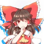  1girl blouse blush bow chocolate_hair commentary_request detached_sleeves finger_to_mouth hair_bow hair_ribbon hair_tubes hakurei_reimu head_tilt huge_bow large_bow long_hair looking_at_viewer one_eye_closed red_eyes ribbon solo touhou yellow_ascot yururi_nano 