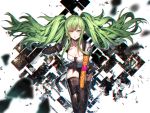  1girl bangs black_gloves black_legwear blurry breasts collarbone depth_of_field detached_collar elbow_gloves eyebrows_visible_through_hair floating_hair girls_frontline gloves green_eyes green_hair gun hand_up handgun holding holding_gun holding_weapon leaning_forward long_hair looking_at_viewer m950a m950a_(girls_frontline) medium_breasts orange_gloves parted_lips pistol rakugakiii short_sleeves solo thigh-highs thighs tsurime twintails weapon 