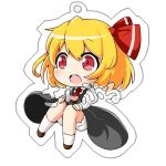  1girl ascot bangs blonde_hair bloomers blush bow chibi commentary_request eyebrows_visible_through_hair full_body hair_bow hands_on_own_knees juliet_sleeves knees_together_feet_apart long_sleeves looking_at_viewer open_mouth puffy_sleeves red_bow red_eyes rumia sample short_hair simple_background solo take_no_ko_(4919400) touhou underwear white_background white_legwear 