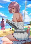 1boy 2girls ball barefoot beach beachball blue_sky commentary_request day eyes_visible_through_hair fate/grand_order fate/stay_night fate_(series) food fruit hair_over_one_eye holding lancer long_hair looking_at_viewer looking_back multiple_girls ocean okuriyuku outdoors purple_hair sand scathach_(fate/grand_order) scathach_(swimsuit_assassin)_(fate) shielder_(fate/grand_order) short_hair sitting sky swimsuit violet_eyes watermelon 