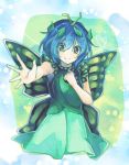  1girl antennae blue_hair butterfly_wings dress eternity_larva green_dress green_eyes hair_between_eyes hair_ornament hand_on_own_chest heart heart-shaped_pupils highres leaf leaf_hair_ornament leaf_on_head outstretched_arm shometsu-kei_no_teruru short_hair smile solo symbol-shaped_pupils touhou wings 