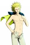  1boy blonde_hair grey_pants groin hand_on_hip jacket_over_shoulder looking_at_viewer male_focus mouth_hold naji_0337 navel one_outs pants solo spiky_hair standing tokuchi_toua unzipped 