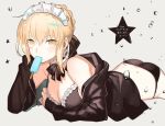  1girl artoria_pendragon_(all) bikini black_bikini blonde_hair blurry braid breast_hold breasts bright_pupils buun_ko choker cleavage depth_of_field fate/grand_order fate_(series) food grey_background hair_ribbon jacket looking_at_viewer lying maid_headdress medium_breasts mouth_hold off_shoulder on_stomach open_clothes open_jacket popsicle ribbon ribbon_trim saber_alter simple_background sleeves_past_wrists solo strap_gap swimsuit water_drop white_pupils yellow_eyes 