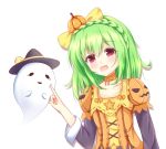  1girl :d black_hat bow braid crown_braid flower_knight_girl food_themed_hair_ornament ghost green_hair hair_bow hair_ornament hat kedama_(kedama_akaza) open_mouth orange_choker pepo_(flower_knight_girl) pumpkin_hair_ornament red_eyes short_hair smile solo upper_body white_background witch_hat yellow_bow 