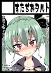  1girl anchovy bangs black_cape black_ribbon blush cape circle_cut closed_mouth commentary drill_hair embarrassed girls_und_panzer green_hair hair_ribbon long_hair looking_at_viewer miyao_ryuu no_shirt portrait red_eyes ribbon smile solo sweat sweatdrop translated twin_drills twintails 