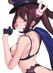  1girl black_bra black_gloves bra brown_eyes brown_hair bunny_hair_ornament candy choker citemer d.va_(overwatch) facial_mark food garter_belt glaring gloves hair_ornament half_gloves hat lips lollipop looking_at_viewer overwatch sample simple_background solo twintails underwear underwear_only watermark weibo_username white_background 