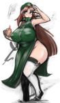  &gt;:o 1girl :o bangs bare_arms bare_shoulders belly breasts brown_hair burning_hand china_dress chinese_clothes dress erect_nipples eyebrows_visible_through_hair fire green_eyes hat highres hong_meiling huge_breasts long_hair no_panties oozon_(ozon) plump shoes side_slit simple_background sleeveless solo standing thick_thighs thigh-highs thighs touhou very_long_hair white_background white_legwear wide_hips 