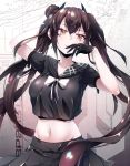  1girl bangs black_blouse black_gloves black_serafuku black_skirt blouse bow bowtie breasts brown_eyes collarbone cowboy_shot eyebrows_visible_through_hair girls_frontline gloves hair_between_eyes hair_bun half_gloves highres large_breasts long_hair looking_at_viewer midriff navel ouroboros_(girls_frontline) parted_lips pleated_skirt ripe.c school_uniform serafuku short_sleeves side_bun skirt smile solo twintails white_bow white_bowtie 