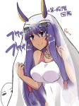  &gt;:) 1girl bangs bed_sheet blue_eyes blush breasts closed_mouth competition_swimsuit dark_skin doyagao egyptian eyebrows_visible_through_hair fate/grand_order fate_(series) hair_tubes hairband hands_up large_breasts long_hair medjed nitocris_(fate/grand_order) nitocris_(swimsuit_assassin)_(fate) one-piece_swimsuit photobomb purple_hair sidelocks simple_background smile solo sparkle swimsuit very_long_hair white_background white_swimsuit yuuma_(noel) 