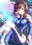  1girl acronym animal_print arm_support artist_name bangs blue_bodysuit blurry blurry_background blush bodysuit breasts brown_eyes brown_hair bunny_print chair cherry_blossoms chinchongcha clenched_hand clothes_writing cockpit computer copyright_name d.va_(overwatch) day eyebrows_visible_through_hair facepaint facial_mark gloves headphones high_collar highres interface legs_crossed legs_up light_smile logo long_hair looking_at_viewer mecha medium_breasts meka_(overwatch) open_mouth outdoors overwatch petals pilot_suit ribbed_bodysuit shoulder_pads sitting skin_tight solo swept_bangs watermark web_address whisker_markings white_gloves 