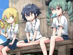  3girls anchovy anzio_school_uniform bangs black_hair black_ribbon black_skirt blonde_hair braid brown_eyes carpaccio closed_mouth clouds cloudy_sky commentary_request day dress_shirt drill_hair emblem eyebrows_visible_through_hair fan food food_in_mouth girls_und_panzer green_eyes green_hair hair_ribbon holding ice indian_style kakizaki_(chou_neji) long_hair looking_at_viewer miniskirt mouth_hold multiple_girls on_head open_mouth outdoors paper_fan pepperoni_(girls_und_panzer) pleated_skirt popsicle red_eyes ribbon school_uniform shirt short_hair side_braid sitting skirt sky smile summer_uniform sweat twin_drills twintails v_arms white_shirt 