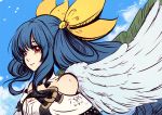  1girl asymmetrical_wings bare_shoulders blue_hair blue_sky bow breasts cleavage commentary cubehero detached_collar detached_sleeves dizzy guilty_gear hair_bow red_eyes sky solo wings yellow_bow 