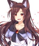  1girl animal_ears breasts brooch brown_hair caramell0501 cleavage collarbone dress fang hand_on_hip imaizumi_kagerou jewelry long_hair long_sleeves medium_breasts open_mouth red_eyes solo touhou wide_sleeves wolf_ears 