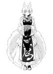  1girl animal_ears bangs breasts closed_mouth dress eyebrows_visible_through_hair fluffy fox_ears fox_tail full_body greyscale highres large_breasts looking_at_viewer monochrome no_hat no_headwear short_hair simple_background sleeves_past_wrists smile solo standing tabard tail touhou white_background yakumo_ran zawa_(zawzawranran2) 