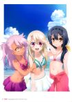  3girls :d absurdres alternate_hairstyle aqua_bikini arm_hug arms_at_sides artist_request beach bikini bikini_skirt blue_sky breasts chloe_von_einzbern clouds cloudy_sky collarbone cowboy_shot dark_skin day eyebrows_visible_through_hair fate/kaleid_liner_prisma_illya fate_(series) frill_trim hair_between_eyes hair_ornament hair_over_shoulder hairband hairclip halterneck highres illyasviel_von_einzbern light_brown_hair long_hair miyu_edelfelt multiple_girls navel official_art one_side_up open_mouth outdoors page_number pink_bikini red_eyes sarong scan shading_eyes sky small_breasts smile swimsuit tattoo white_bikini_bottom 