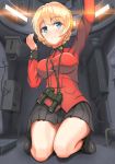  1girl arm_up bangs binoculars black_boots black_skirt blonde_hair blue_eyes boots braid closed_mouth commentary_request darjeeling epaulettes eyebrows_visible_through_hair full_body girls_und_panzer highres holding jacket kneeling light_frown long_sleeves looking_to_the_side military military_uniform miniskirt pleated_skirt radio red_jacket short_hair skirt solo st._gloriana&#039;s_military_uniform tank_interior tied_hair twin_braids uniform yuru_melon 