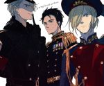  3boys black_gloves black_hair blonde_hair blue_eyes brown_eyes en_(enxxx) english epaulettes finger_to_mouth gloves green_eyes hair_over_one_eye hat katsuki_yuuri male_focus medal military military_uniform multiple_boys silver_hair smile uniform viktor_nikiforov yuri!!!_on_ice yuri_plisetsky 