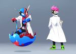  2boys absurdres action_gamer_level_2 belt highres kamen_rider kamen_rider_build kamen_rider_build_(series) kamen_rider_ex-aid kamen_rider_ex-aid_(series) labcoat liquid looking_back male_focus mighty_action_x_level_2 multiple_boys otokamu 