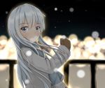  1girl blue_eyes blue_scarf brown_gloves floating_hair from_side gloves hair_between_eyes hibiki_(kantai_collection) highres kantai_collection long_hair looking_at_viewer moyoron night outdoors scarf silver_hair smile solo standing upper_body 