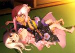  2girls all_fours alternate_hairstyle artist_request bare_legs barefoot blush breasts chloe_von_einzbern cropped dark_skin eyebrows_visible_through_hair fate/kaleid_liner_prisma_illya fate_(series) feet floral_print hair_bun hair_ornament hair_stick hair_tucking hair_up highres illyasviel_von_einzbern indoors japanese_clothes kimono long_hair looking_at_viewer lying multiple_girls obi official_art on_back open_clothes open_mouth parted_lips pink_hair red_eyes sash scan sidelocks small_breasts tatami toes yukata yuri 