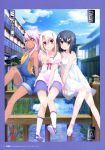  3girls absurdres arm_support artist_request between_legs black_hair blue_sky breasts brown_eyes chloe_von_einzbern closed_mouth clouds cloudy_sky dark_skin day dress eyebrows_visible_through_hair fate/kaleid_liner_prisma_illya fate_(series) grin hair_between_eyes half_updo halterneck hand_between_legs highres illyasviel_von_einzbern leg_up light_brown_hair long_hair medium_hair miyu_edelfelt multiple_girls o-ring official_art on_railing orange_eyes outdoors overalls page_number red_eyes sandals scan shoes sidelocks sitting skirt sky small_breasts smile sneakers socks sundress v viewfinder white_dress white_legwear 