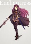  1girl armor cape english fire_emblem fire_emblem_echoes:_mou_hitori_no_eiyuuou fire_emblem_gaiden gzei high_heels holding holding_sword holding_weapon long_hair looking_at_viewer purple_hair simple_background smile solo sonia_(fire_emblem_gaiden) sword weapon 