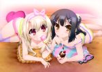  2girls ass bare_legs barefoot black_hair blush boyshorts breasts brown_eyes camisole cropped downblouse eating fate/kaleid_liner_prisma_illya fate_(series) food frills hair_ornament hairband hairclip highres ice_cream ice_cream_cone illyasviel_von_einzbern looking_at_viewer loungewear lying miyu_edelfelt multiple_girls official_art one_side_up purple_legwear red_eyes satou_kaori scan small_breasts smile strap_slip striped thigh-highs 
