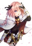  1boy black_bow blush bow braid fang fate/apocrypha fate/grand_order fate_(series) garter_straps gomano_rio hair_ribbon highres looking_up male_focus one_eye_closed pink_hair ribbon rider_of_black single_braid sword trap violet_eyes weapon 