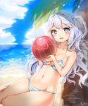  1girl artist_name ball bangs beach bikini blue_eyes blue_sky blush cheli_(kso1564) clouds cloudy_sky collarbone commentary eyebrows_visible_through_hair holding holding_ball long_hair looking_at_viewer navel ocean one_side_up open_mouth original outdoors signature silver_hair sitting sky smile solo striped striped_bikini swimsuit teeth thighs wavy_hair yokozuwari 
