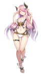  1girl bikini blush braid breasts clenched_hands closed_eyes closed_mouth collarbone commentary_request doraf full_body granblue_fantasy hair_ornament hair_over_one_eye head_tilt highres horns kuro_emimi large_breasts lavender_hair leg_up long_hair narumeia_(granblue_fantasy) navel pointy_ears sandals simple_background smile solo swimsuit thigh_strap white_background white_bikini 