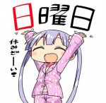  1girl :d chibi closed_eyes flower hair_flower hair_ornament kanikama long_hair lowres new_game! open_mouth pajamas purple_hair ribbon smile solo suzukaze_aoba translated twintails white_background 