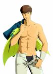  1boy abs boxers brown_hair grey_pants jacket_over_shoulder looking_t_viewer male_focus naji_0337 one_outs pants satoshi_ideguchi solo soul_patch standing underwear wristband 