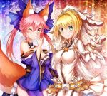  2girls ahoge animal_ears belt blonde_hair bodysuit breasts chains cleavage detached_sleeves fate/extra fate/extra_ccc fate/grand_order fate_(series) flower fox_ears fox_tail gloves green_eyes hair_flower hair_ornament hair_ribbon japanese_clothes large_breasts lock looking_at_viewer multiple_girls nero_claudius_(bride)_(fate) nero_claudius_(fate)_(all) one_eye_closed padlock pink_hair ribbon smile soda_(sodachuxd) tail tamamo_(fate)_(all) tamamo_no_mae_(fate) veil yellow_eyes zipper 