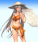  1girl bare_shoulders collarbone cowboy_shot front-tie_bikini front-tie_top gradient gradient_background hat holding kuuro_kuro long_hair looking_at_viewer midriff navel original parted_lips sarong silver_hair solo straw_hat swimsuit violet_eyes 