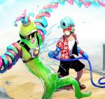  1boy arms_(game) beach blue_hair boxing_gloves dna_man_(arms) domino_mask glass goggles goo_guy green_eyes male_focus mask monster_boy pompadour short_hair smile solo spring_man_(arms) sunoko24 water 