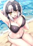  1girl :d ahoge arm_behind_head arm_up armpits bangs bare_arms bare_legs bare_shoulders barefoot beach bikini bikini_pull black_bikini blush breasts cleavage collarbone commentary_request cowboy_shot day eyebrows_visible_through_hair fate/grand_order fate_(series) groin hair_between_eyes hand_up headpiece jeanne_alter large_breasts looking_at_viewer midriff navel open_mouth outdoors pulled_by_self ruler_(fate/apocrypha) ryokushiki_(midori-ya) short_hair simple_background sitting smile solo stomach swimsuit thigh_gap wariza water white_hair yellow_eyes 