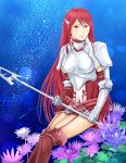  1girl armor boots breastplate fire_emblem fire_emblem:_kakusei flower gauntlets holding holding_spear holding_weapon long_hair looking_at_viewer pauldrons polearm red_eyes redhead sitting smile solo spear cordelia_(fire_emblem) weapon 