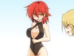  2girls anger_vein blush breasts cleavage cleavage_cutout closed_eyes covered_navel cowboy_shot earrings endevour_(rokunichi) front_zipper_swimsuit jewelry large_breasts meme_attire multiple_girls one-piece_swimsuit open_mouth original redhead rokunichi short_hair sweatdrop swimsuit yellow_eyes 