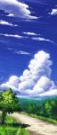  aoha_(twintail) blue_sky clouds cloudy_sky forest grass highres mountain nature no_humans outdoors road scenery sky tree 