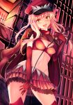  1girl :d bangs blonde_hair bra breasts candle chains cleavage contrapposto cowboy_shot elbow_gloves epaulettes eyebrows_visible_through_hair fate/grand_order fate_(series) fire frilled_skirt frills gloves groin hat head_tilt heart holding indoors jacket jacket_on_shoulders long_hair looking_at_viewer medb_(fate/grand_order) medium_breasts midriff nanashino_kanon navel open_mouth peaked_cap pleated_skirt prison riding_crop skirt smile solo stomach teeth thigh-highs underwear yellow_eyes 